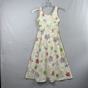 Vintage 90s Linen Dress Womens 8  Floral High Waist Fit Flare Cottage Core Beach